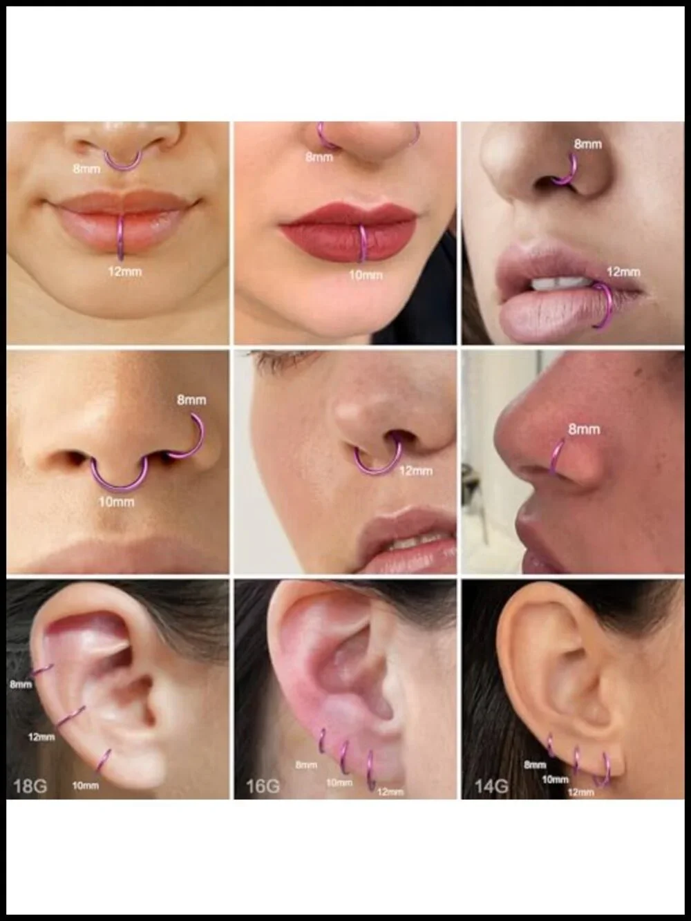 Anodized Titanium Nose Rings Hoops for Women, 14G/16G/18G Septum Cartilage